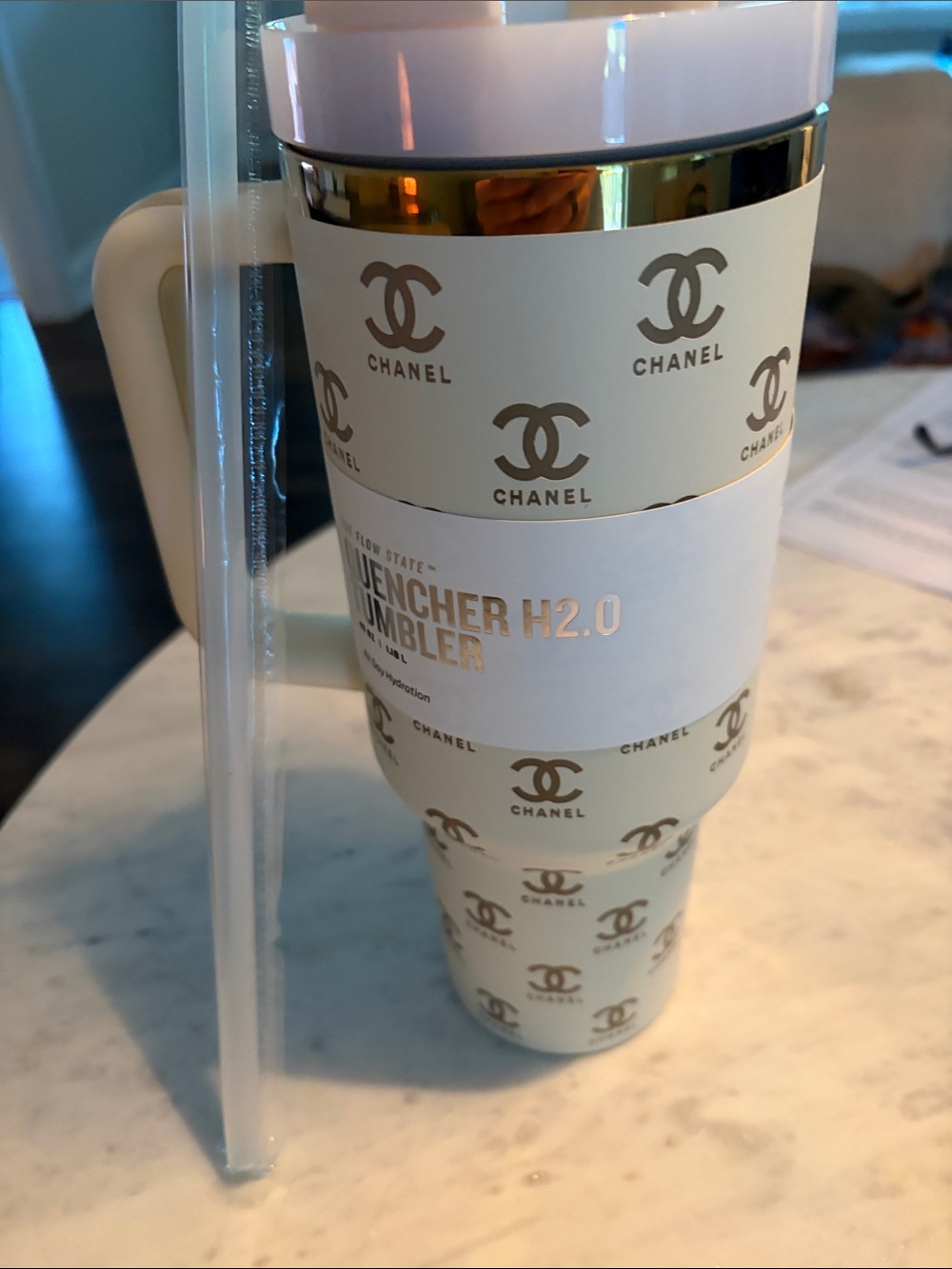CHANEL Cream & Pink Logo Quencher H2.0 Tumbler with Gold Accents